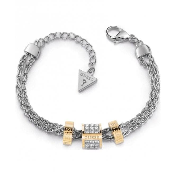 Guess Double Silver Chain Bracelet With 3 Gold Beads UBB78059-L