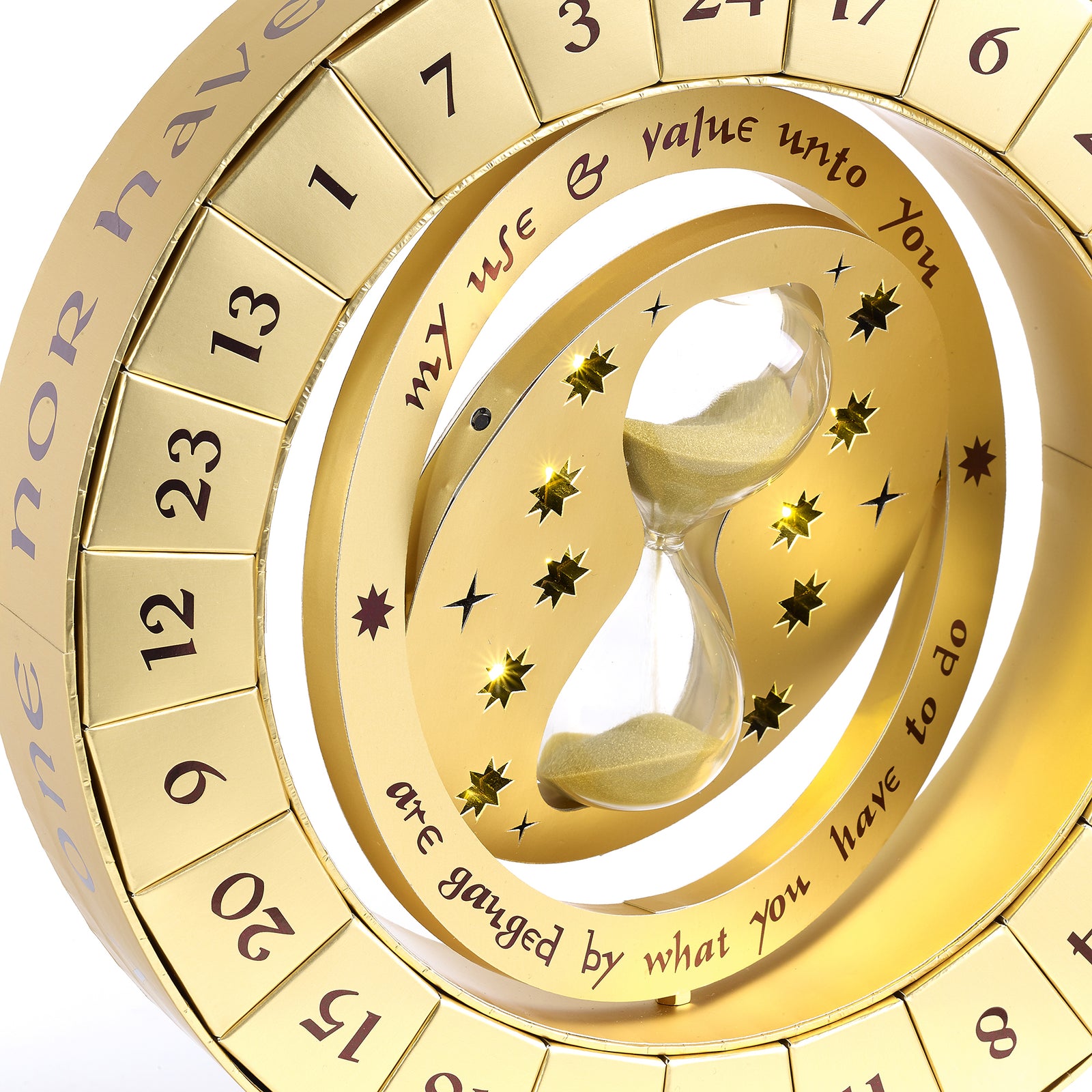 Gold hourglass design with text on a white background