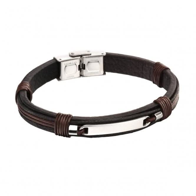 ID Bar Black Leather Brown Cord Detail Bracelet B5416