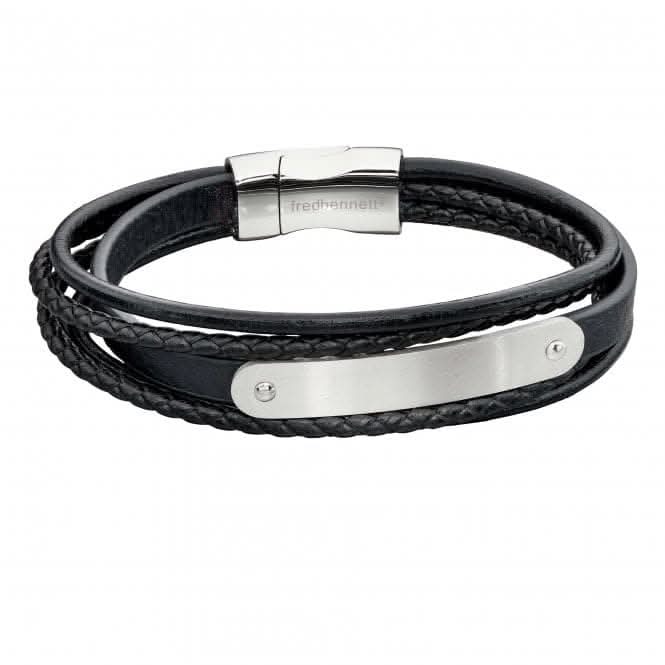 Mens Woven Black Leather Multi ID Bar Bracelet B5282
