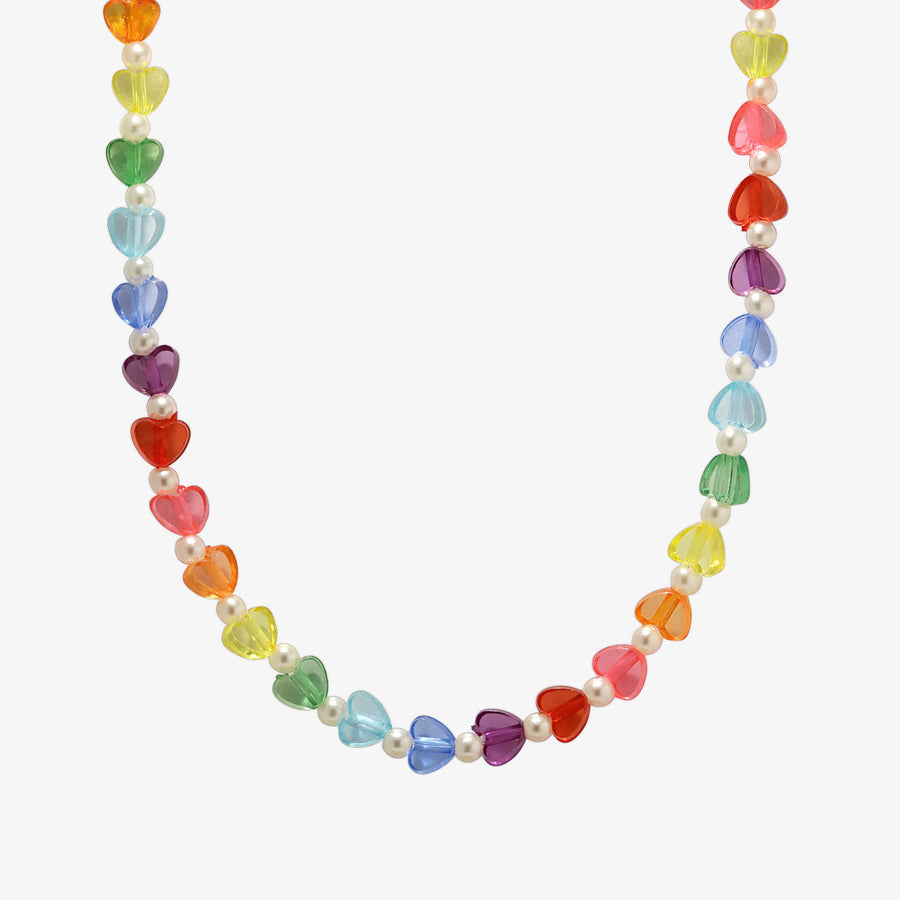 Rainbow Hearts Pearls Beads Necklace