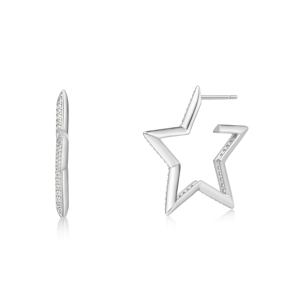 Silver Large Star-Shaped Pavé Hoop Earrings E064-09H