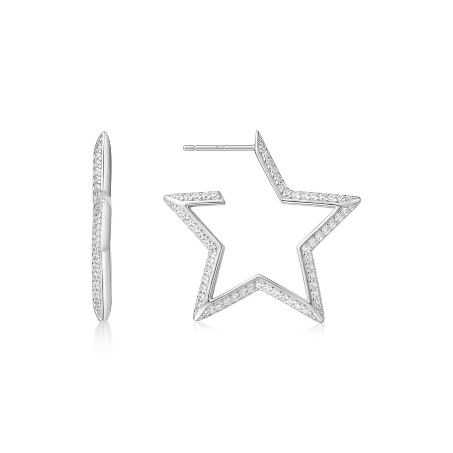 Silver Large Star-Shaped Pavé Hoop Earrings E064-09H