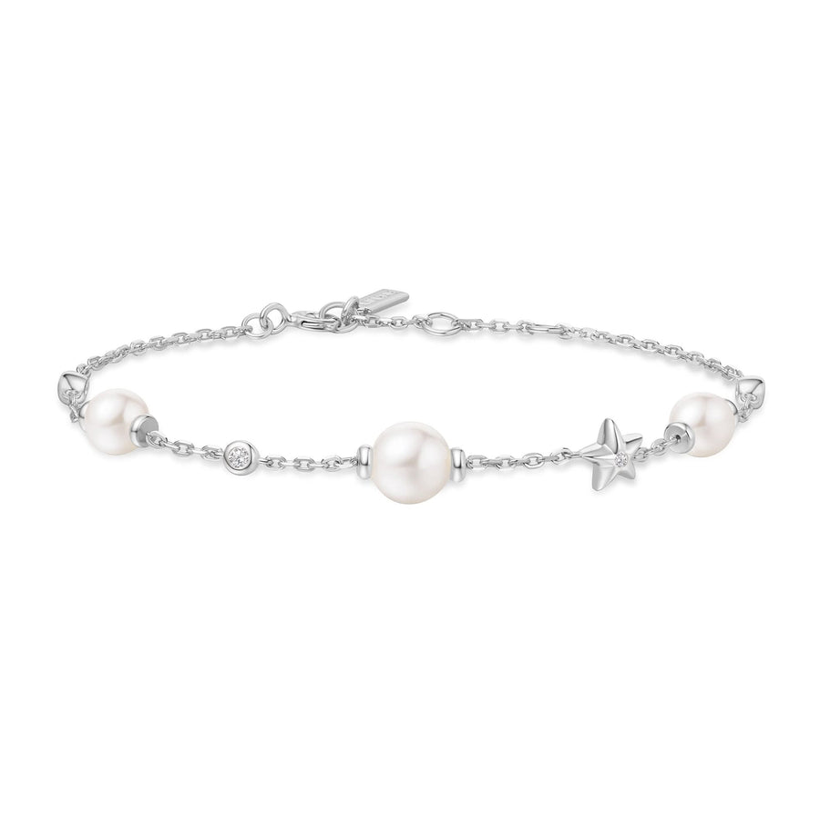 Silver Pearl and Star Station Bracelet B065-05H