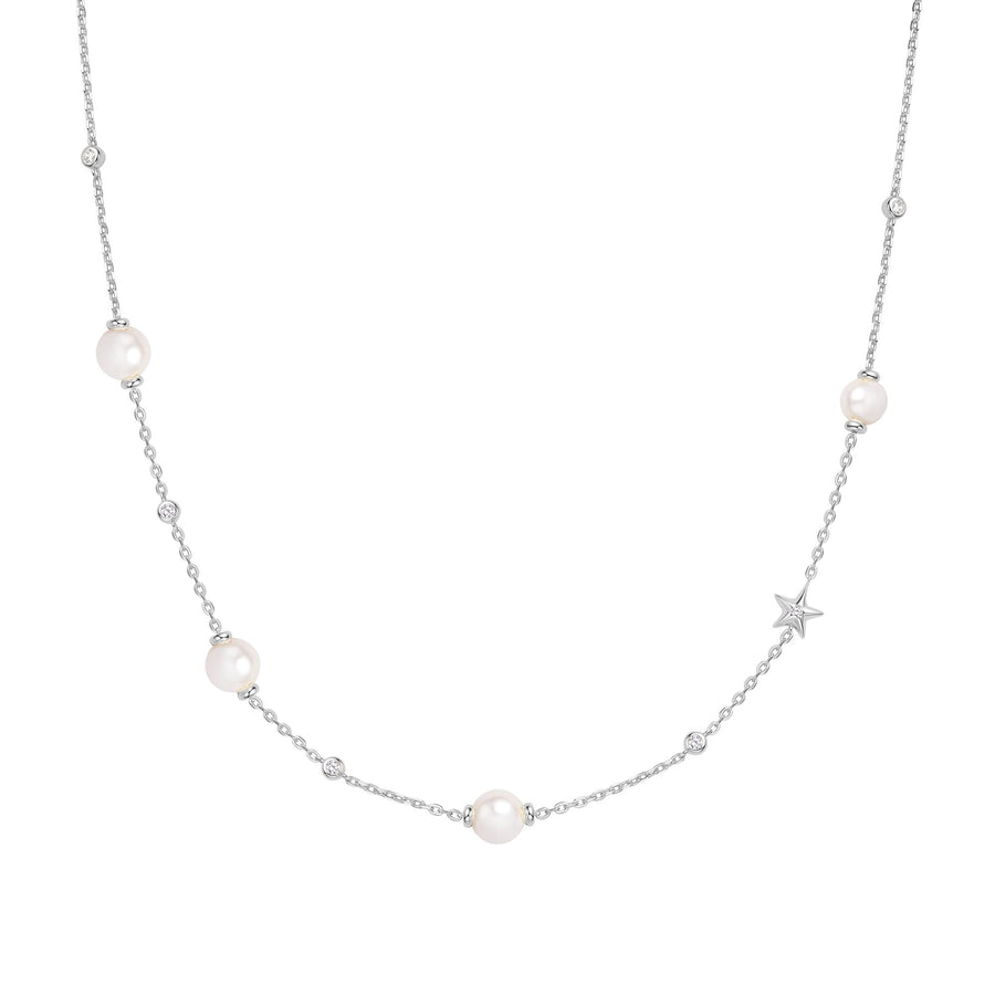 Silver Pearl and Star Station Necklace N065-09H