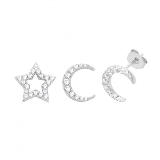 Acotis Silver Studs Set Rhodium Zirconia Moon And Star G51271