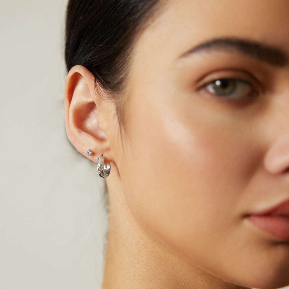 Silver Small Chubby Sparkling Huggie Hoop Earrings E065-04H