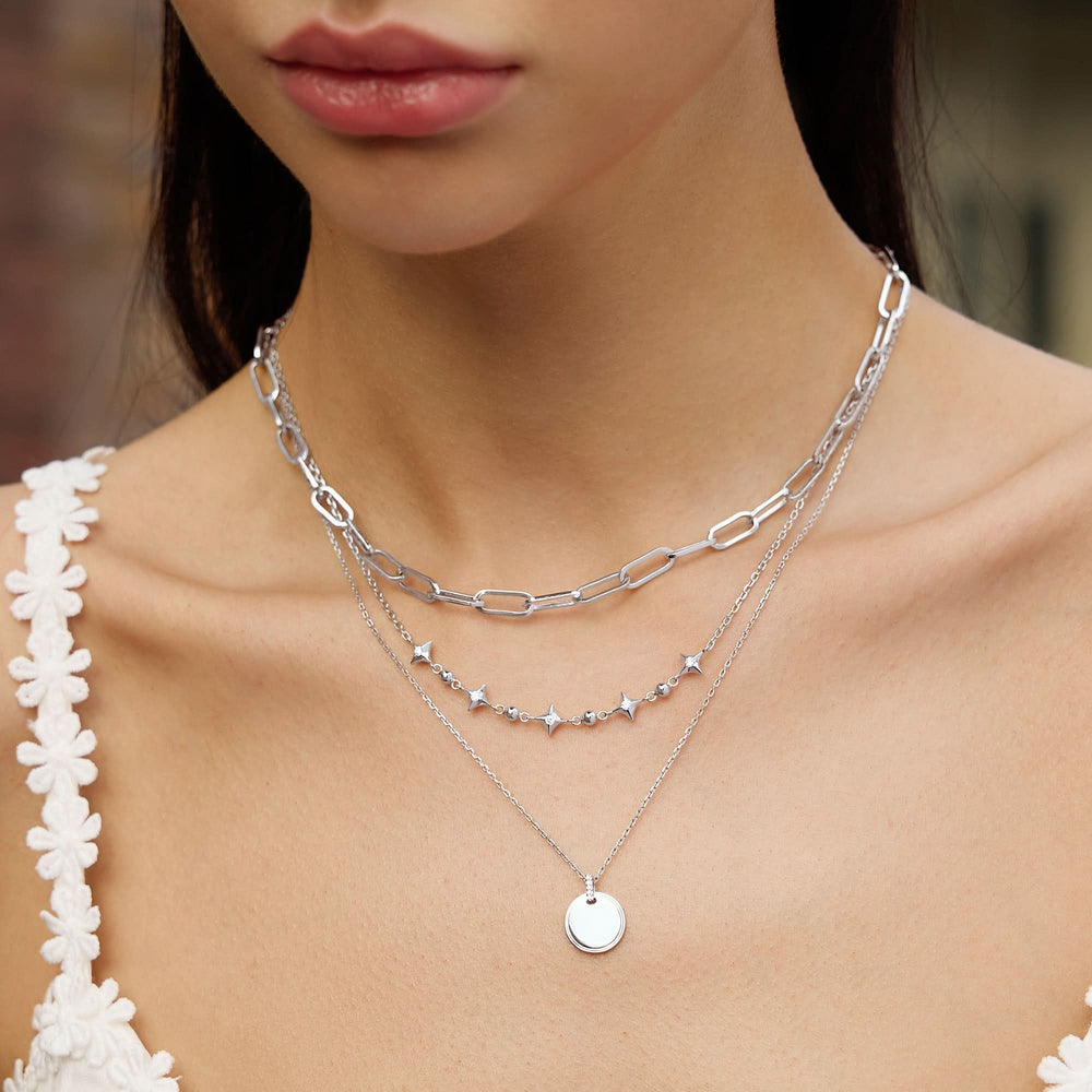 Silver Sparkling Star Station Necklace N064-04H