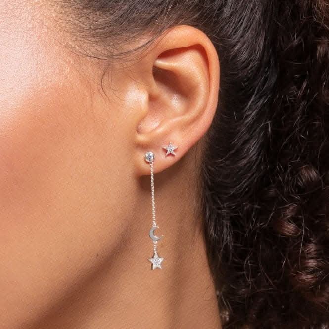 Silver Star & Moon Chain Single Earring  H2151-051-14
