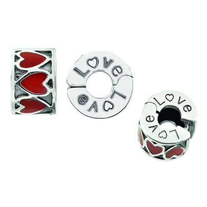 Silver Stopper Wheel with Red Enamel Love Hearts