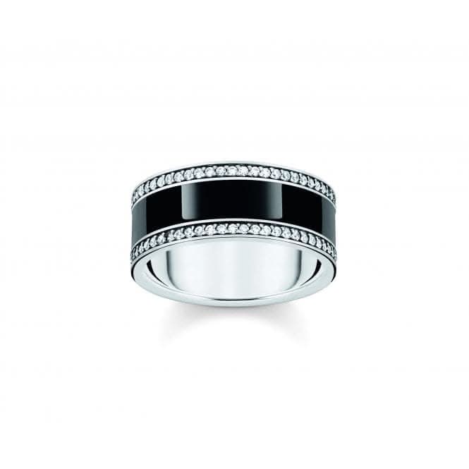 Sterling Silver Black Enamel And Zirconia Band Ring TR2446-691-11