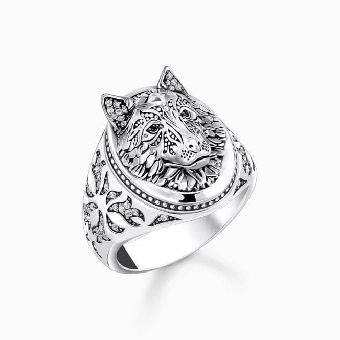 Sterling Silver Blackened Wolf's Face With Stones Signet Ring TR2452-643-21