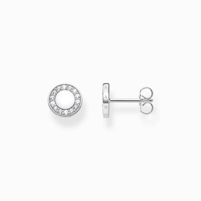 Sterling Silver Circle White Stone Ear Studs H2061-051-14
