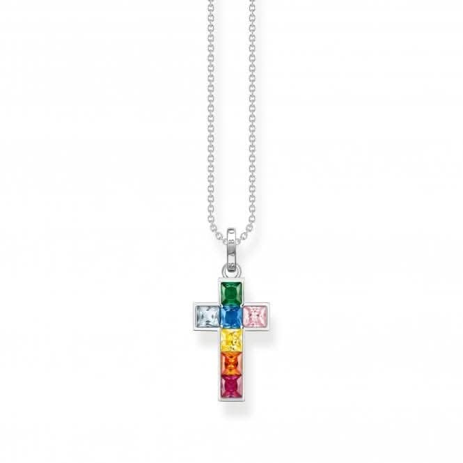 Sterling Silver Cross Colourful Stones Necklace KE2166-477-7-L45V