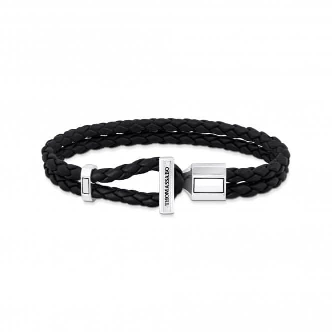 Sterling Silver Double Braided Black Leather Bracelet A2148-682-11
