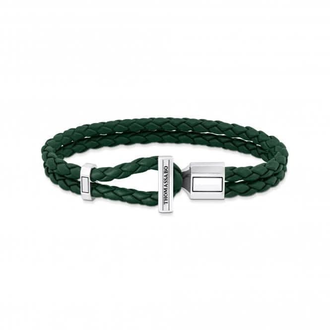 Sterling Silver Double Braided Green Leather Bracelet A2148-682-6
