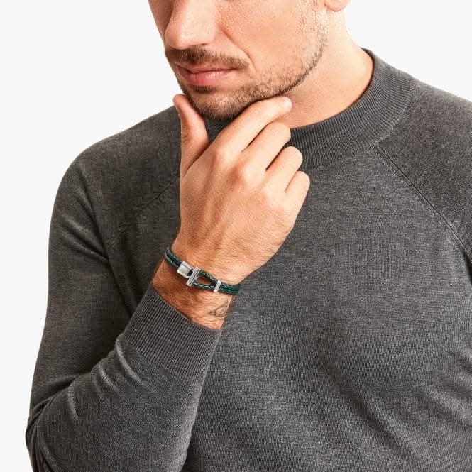 Sterling Silver Double Braided Green Leather Bracelet A2148-682-6