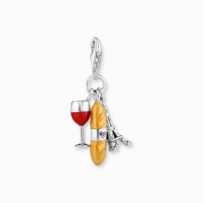 Sterling Silver Enamel Zirconia red Wine Glass, Eiffel Tower & Baguette Charm 2078-390-7