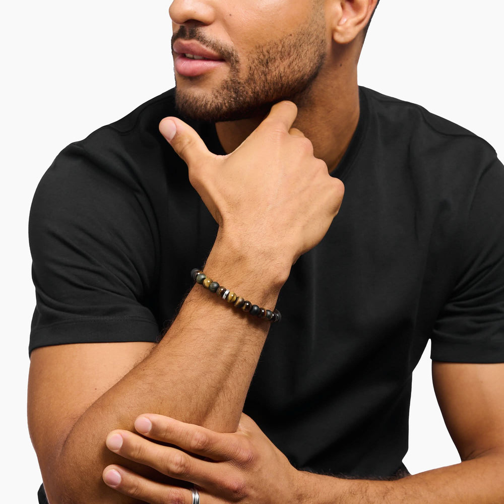 Sterling Silver Gold-brown & Blue-gold Tiger's Eye Beaded Bracelet A2196-826-2