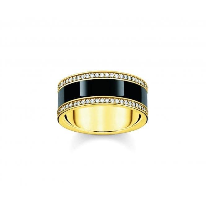 Sterling Silver Gold Plated Black Enamel And Zirconia Band Ring TR2446-565-11