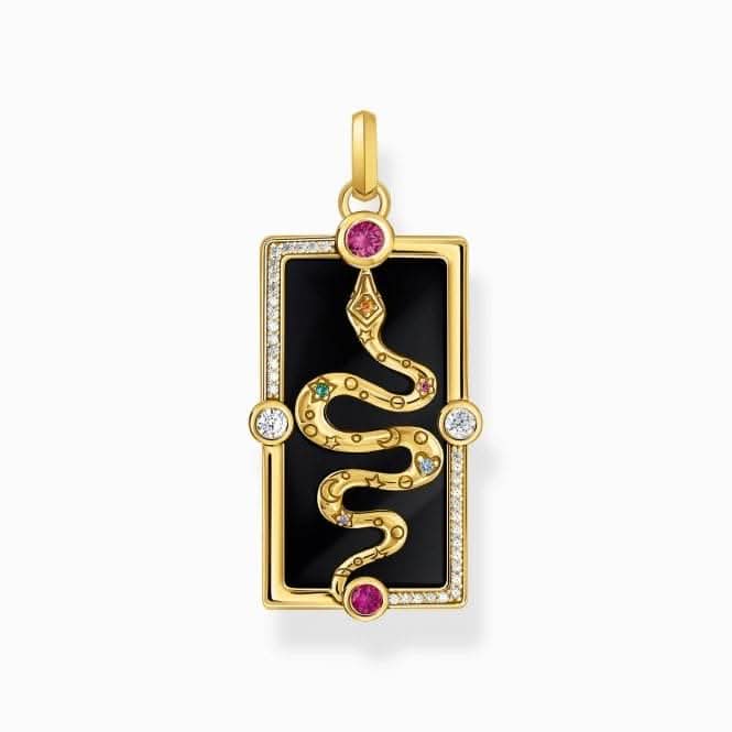 Sterling Silver Gold Plated Black Enamel With Stone Snake Pendant PE958-565-7