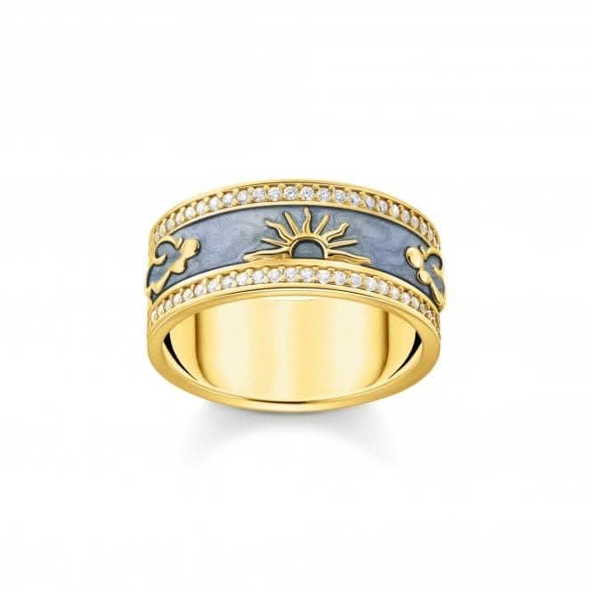 Sterling Silver Gold Plated Blue Enamel Blue Cosmic Symbols Band Ring TR2450-565-1