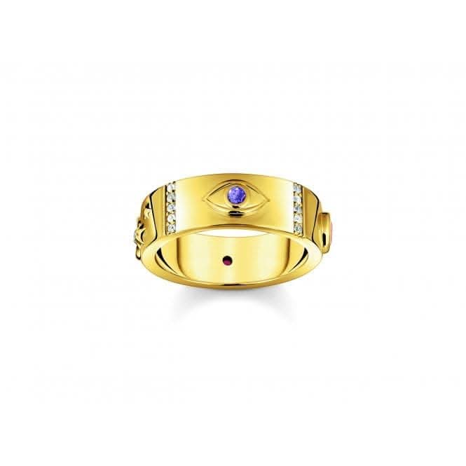 Sterling Silver Gold Plated Cosmic Motifs With Stones Ring TR2439-995-7