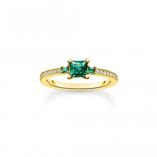 Sterling Silver Gold Plated Green And White Stones Ring TR2402-971-6