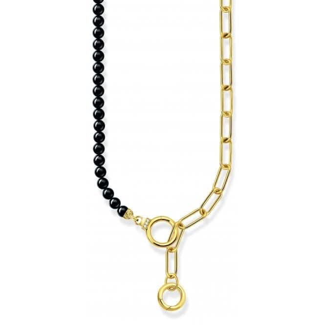 Sterling Silver Gold Plated Onyx Beads Zirconia Necklace KE2193-177-11-L47V