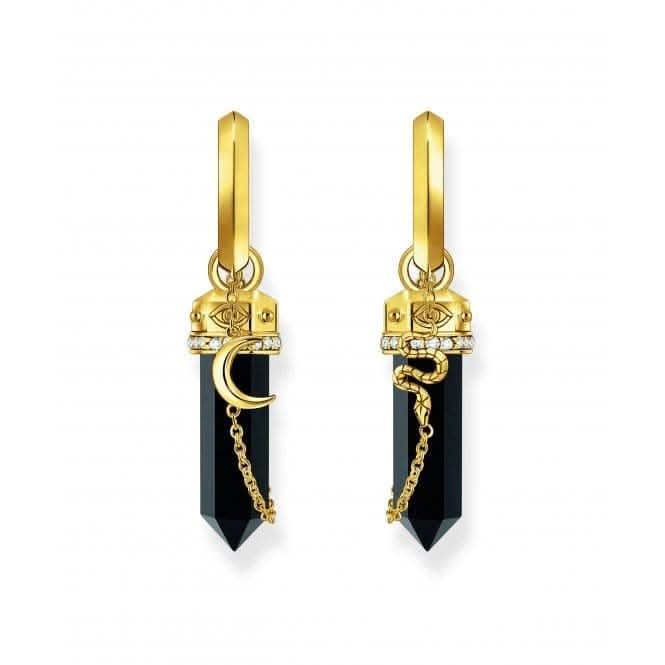 Sterling Silver Gold Plated Onyx Chain Hoop Earrings CR722-177-11