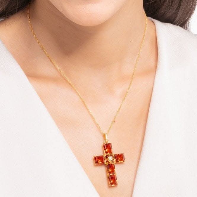 Sterling Silver Gold Plated Orange Stone Cross With Star Pendant PE880-971-8
