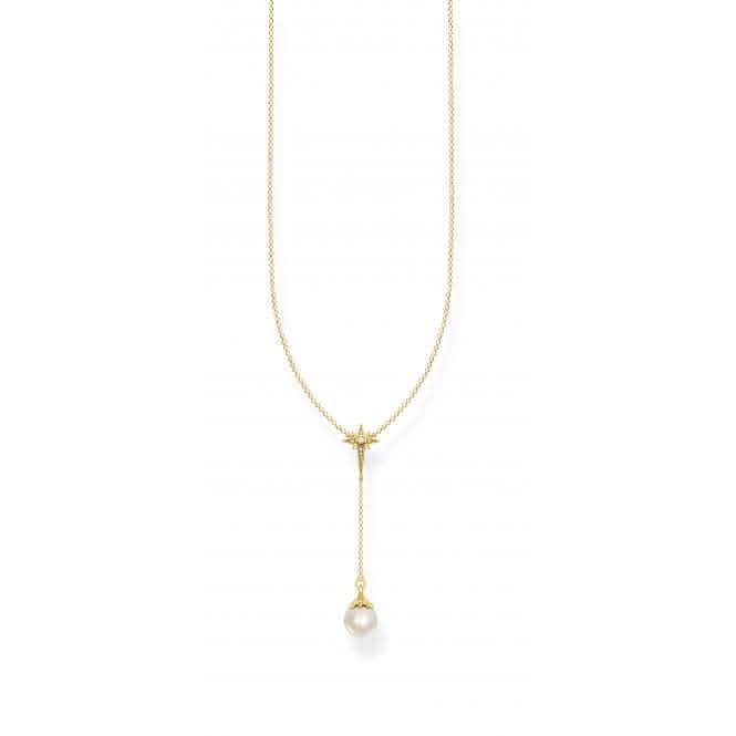 Sterling Silver Gold Plated Pearl Zirconia Star Necklace KE1986-445-14-L45V