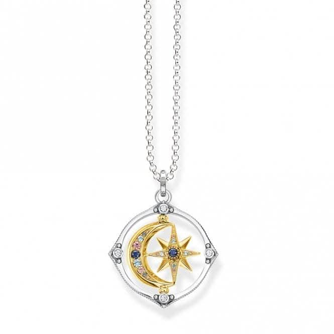 Sterling Silver Gold Plated Stones Zirconia Moon & Stars Necklace KE1983-556-7-L70