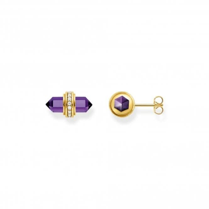 Sterling Silver Gold Plated Zirconia Hexagonal Imitation Amethyst Earrings H2281-414-13