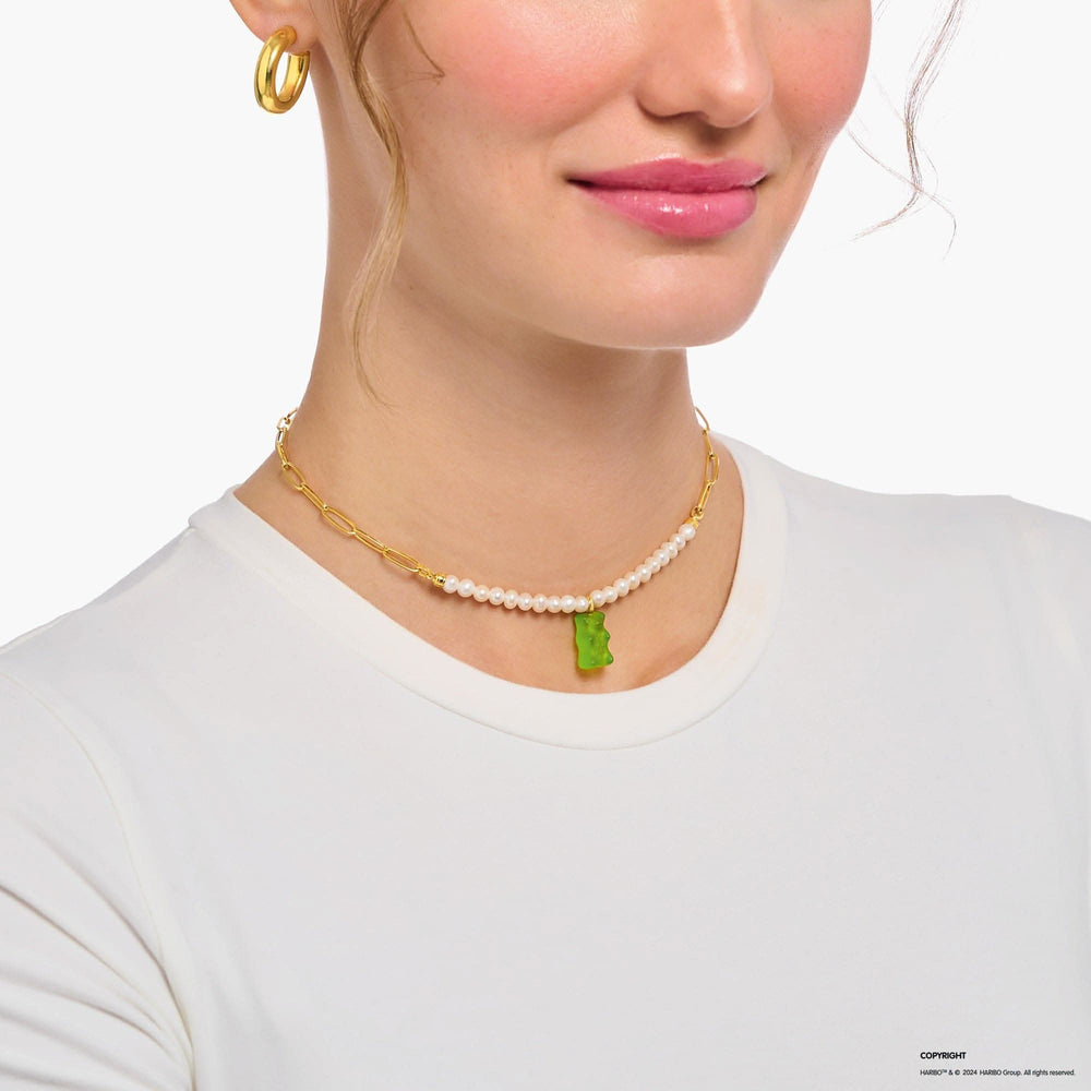 Sterling Silver HARIBO Gold Plated Freshwater Pearl Green Goldbears Necklace KE2207-430-6-L45V