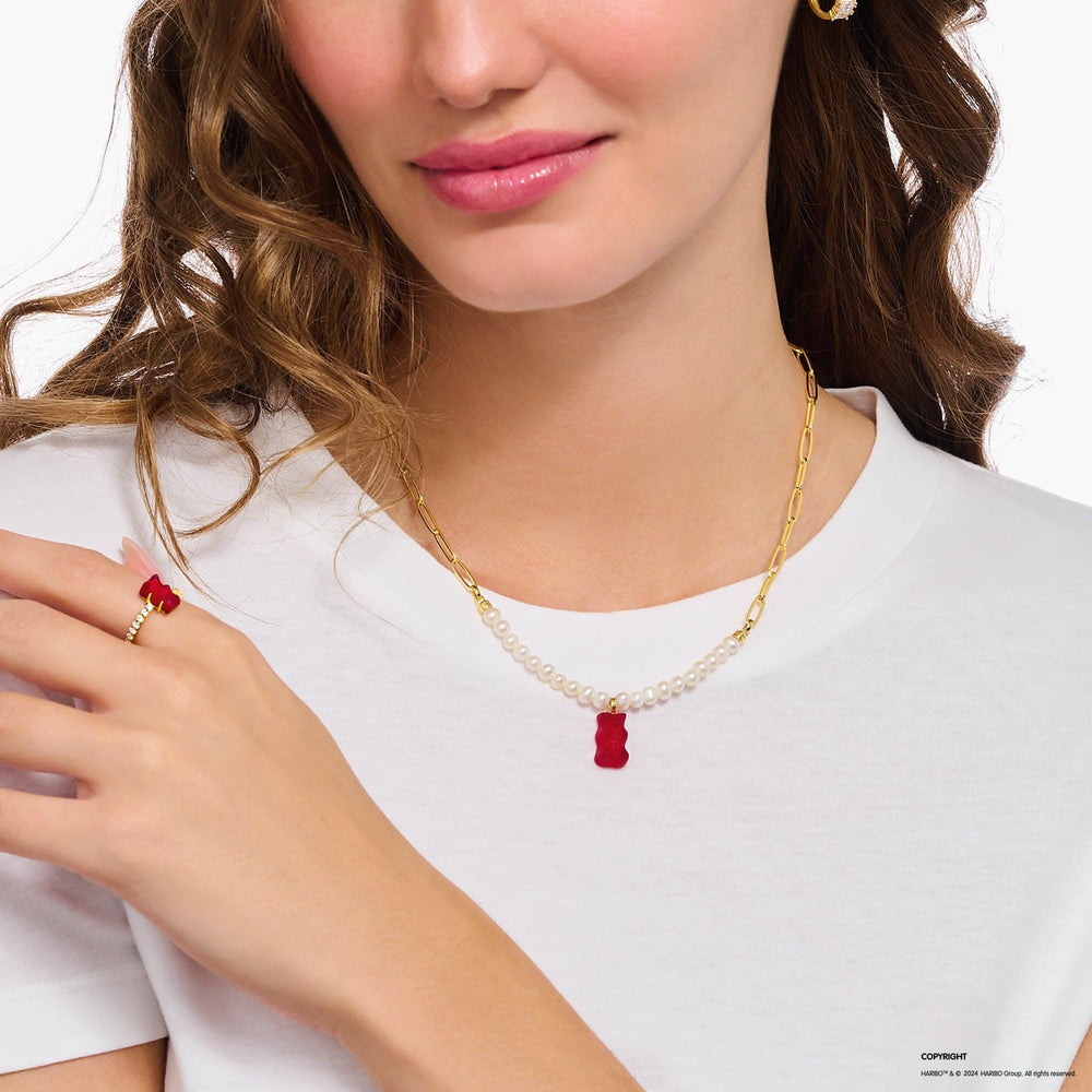 Sterling Silver HARIBO Gold Plated Freshwater Pearl Red Goldbears Necklace KE2207-430-10-L45V