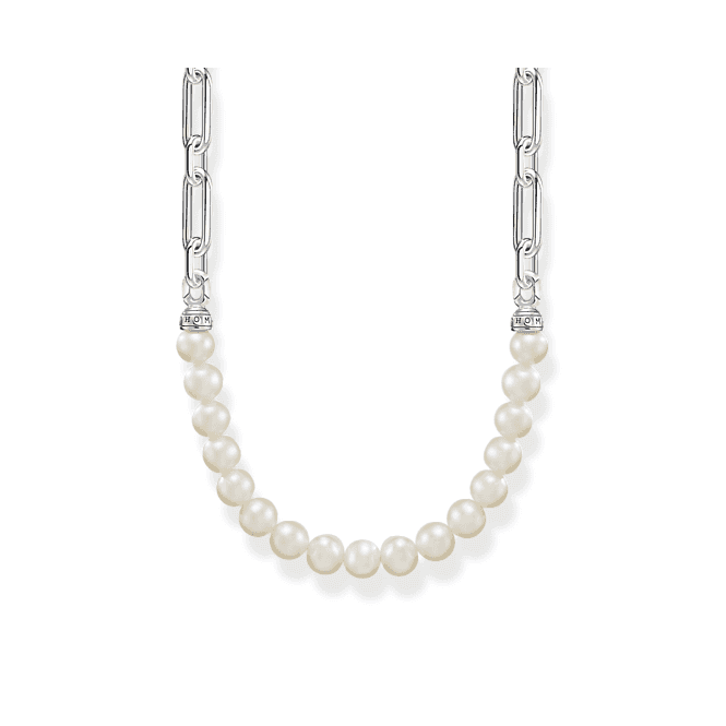 Sterling Silver Pearls And Links Necklace KE2108-082-14-L45V