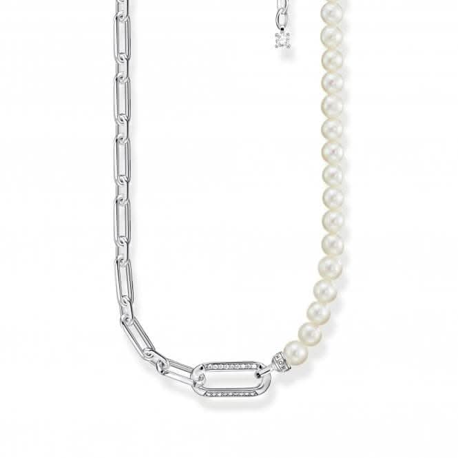 Sterling Silver Pearls And Links Necklace KE2109-167-14-L45V
