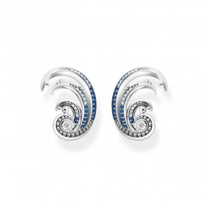 Sterling Silver Waves Blue Stones Ear Clip Earrings H2225-644-1