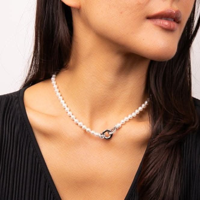 Sterling Silver White Shell Pearl and Clear Cubic Zirconia Necklace N4593