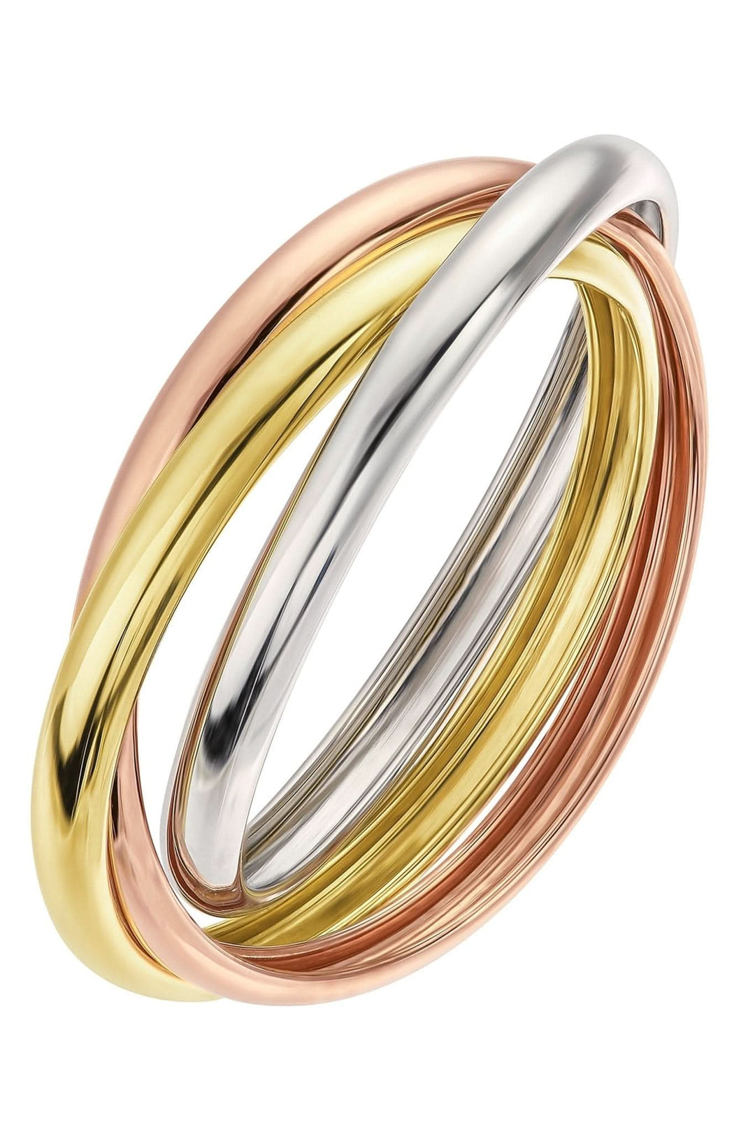 a stack of three different colored gold and silver rings