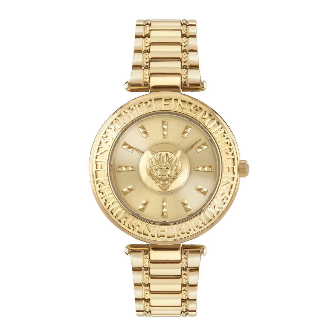 Philipp Plein Sports Ladies Opium Champagne Watch featuring a golden stainless steel bracelet and bold lion head emblem at the center, surrounded by pyramid studs and intricately designed hour markers, exuding luxury and sophistication.