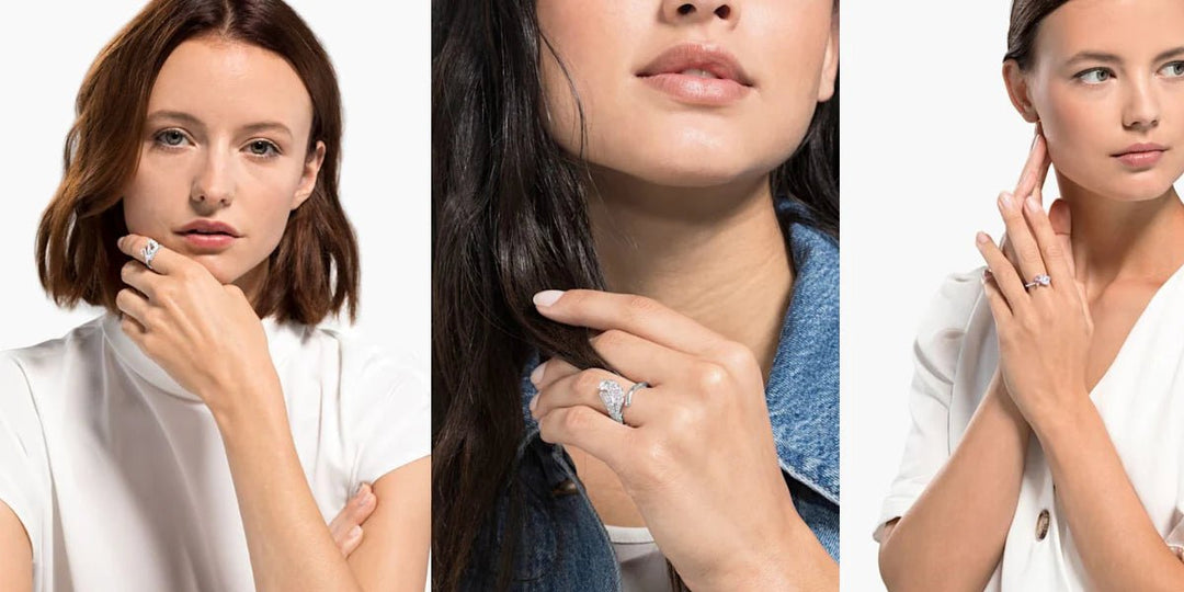a collage of three photos of a woman with a ring on her finger