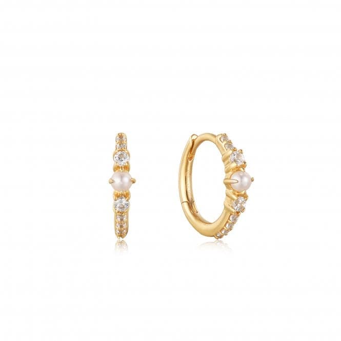 14ct Gold Pearl And White Sapphire Huggie Hoop Earrings EAU003 - 01YGAnia Haie GoldEAU003 - 01YG