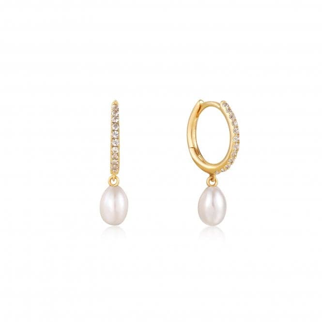 14ct Gold Pearl Drop And White Sapphire Huggie Hoop Earrings EAU003 - 03YGAnia Haie GoldEAU003 - 03YG
