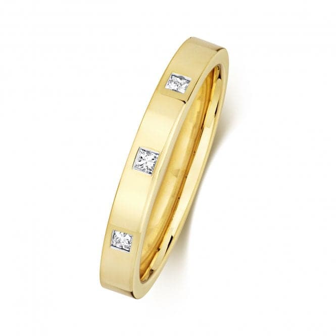 a yellow gold ring with three princess cut diamonds