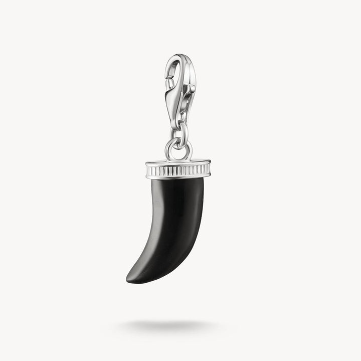 Black horn-shaped pendant with silver clasp on a white background