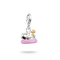 Silver and gold charm with pink base on a white background