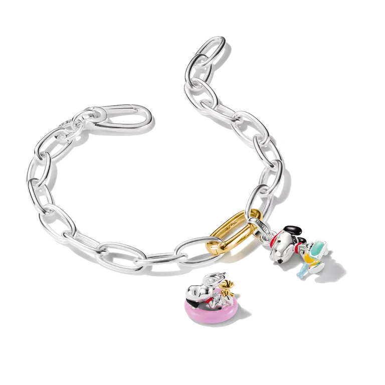 Silver chain bracelet with colorful charms on a white background