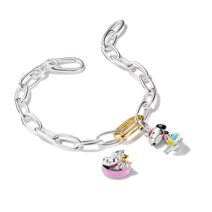 Silver chain bracelet with colorful charms on a white background